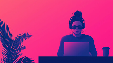 Person working on laptop with headphones