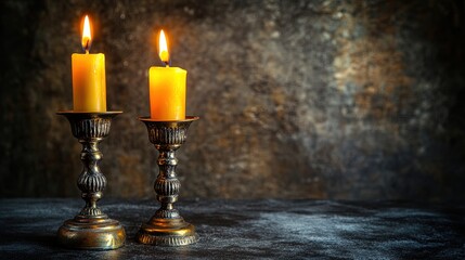 burning candles in vintage candlesticks on dark background, copy space