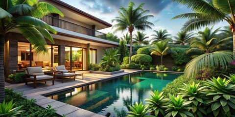 Fototapeta premium Luxury Tropical Villa with Private Pool, Modern Design, and Serene Garden - Exotic Vacation Home Amidst Lush Greenery for Relaxation and Leisure