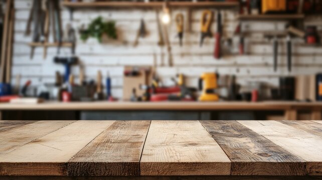 Wooden Tabletop with Blurred Workshop Background
