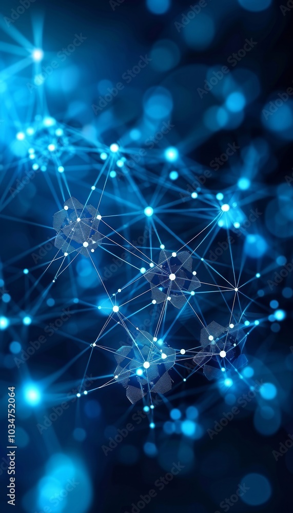 Poster vibrant blue abstract representation of a digital network, featuring interconnected nodes and lines 