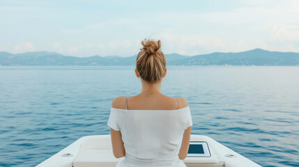 Obraz premium Woman enjoying peaceful ocean view.