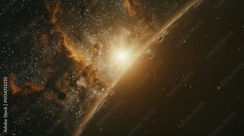 Wall mural a brilliant star emits warm light, casting a golden glow across the vast, dark expanse of space fill
