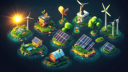 Wind turbines and solar energy, models, icon sets