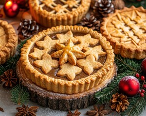 Festive pie with decorative crust, surrounded by holiday decor and pine cones.