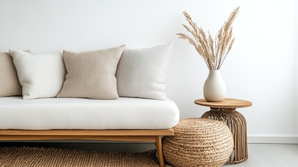 Interior design of living room with cushion at comfortable sofa, wooden side table with plants in vase, elegant accessories and cozy rug. White copy space wall. Minimalist home decor