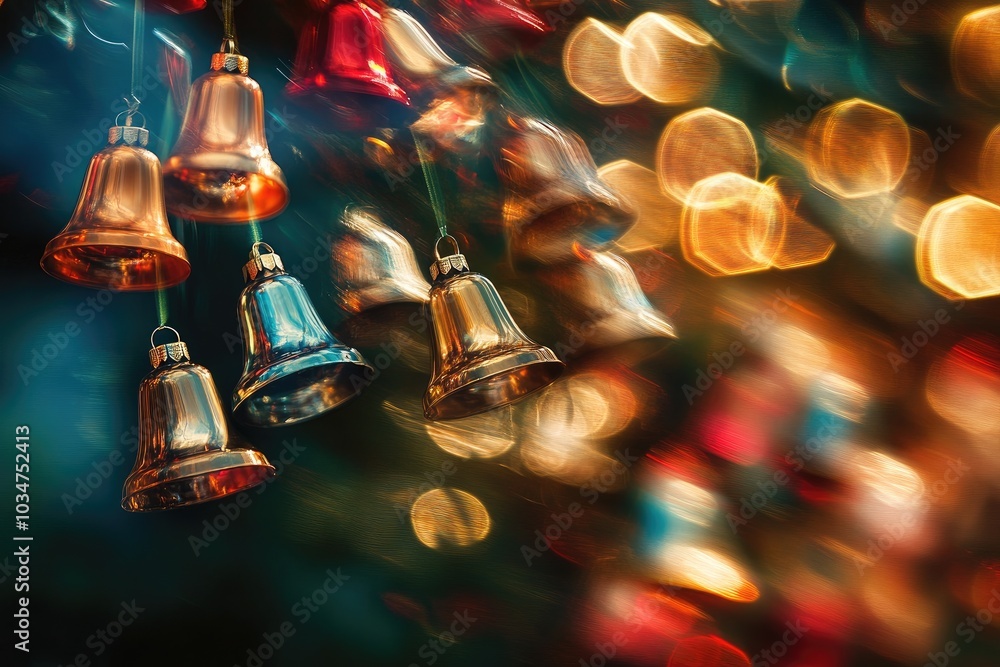 Sticker Shiny Bells with Golden and Red Bokeh Lights