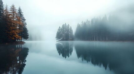 Fototapeta premium A tranquil lake surrounded by trees, with a thick blanket of fog hovering over the water