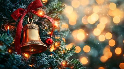 Festive Golden Bell with Red Ribbon Near Christmas Tree