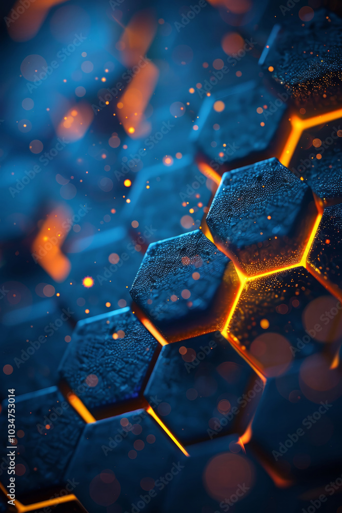 Poster an intricate pattern of hexagons illuminated in blue and orange, creating a visually striking abstra