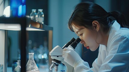 Young Female Scientist Focusing on Microscopy Research