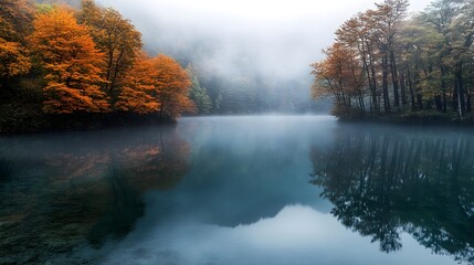 A tranquil lake surrounded by trees, with a thick blanket of fog hovering over the water