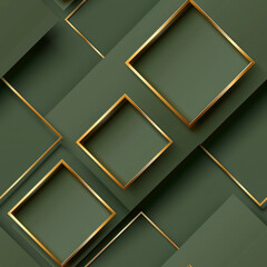 The arrangement features various sizes of gold-framed squares placed over a rich green backdrop. This setup creates an elegant and modern aesthetic, ideal for artistic presentations or decor.