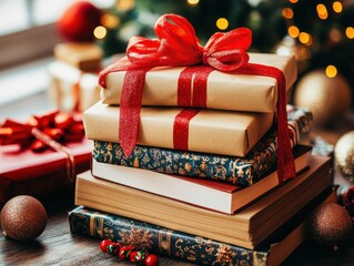 Stack of beautifully wrapped Christmas gifts and books on a festive table.