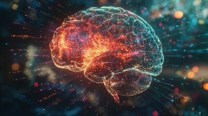 Fototapeta premium A futuristic holographic scan of a human brain, displaying neural connections firing in real time with colorful lights and digital readouts