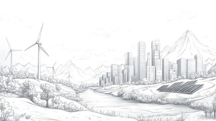 Fototapeta premium Wind turbines on the edge of the city, illustration style