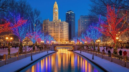 Obraz premium Winter cityscape with illuminated trees beside a calm river at night.