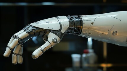 A futuristic scan of a fully functional prosthetic limb attached to a human body, highlighting neural integration and movement control