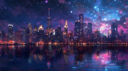 Obraz premium A vibrant city skyline wallpaper at night