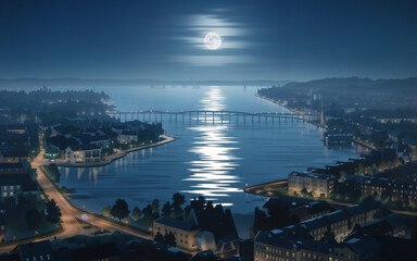 Naklejka premium A serene night cityscape featuring a moonlit river with its shimmering reflection, surrounded by softly lit buildings, streets, and a tranquil bridge crossing the water