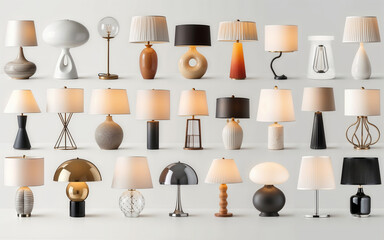 Diverse collection of modern table lamps, each meticulously designed with unique shapes and styles