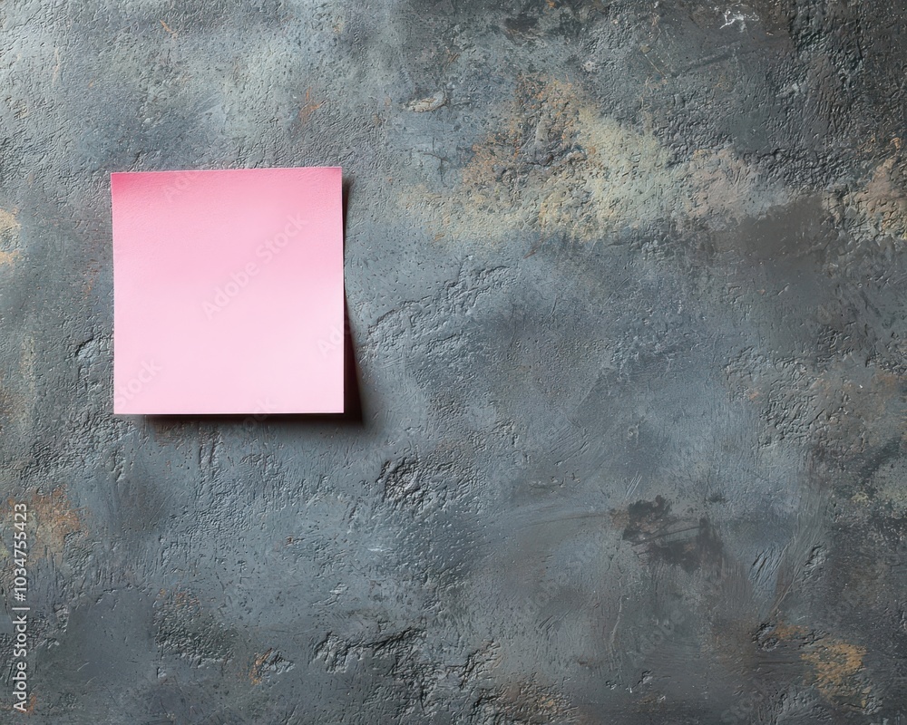 Poster a single pink sticky note on a textured gray background, creating a minimal and modern aesthetic.