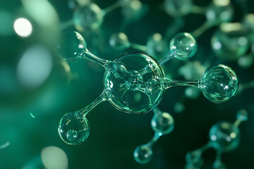 Transparent green molecules with different angles, 3d rendering
