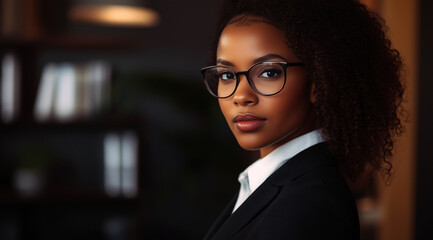 Fototapeta premium Portrait d'une femme d'affaires afro-américaine, âgée de 30 ans avec des lunettes, des cheveux bouclés et un tailleur sombre dans un bureau.