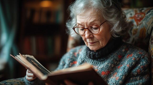 elderly woman with nostalgic expression holding and gazing at vintage photographs reminiscing past memories symbolizing the challenges of dementi and alzheimers disease.image