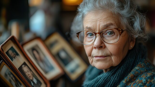 elderly woman with nostalgic expression holding and gazing at vintage photographs reminiscing past memories symbolizing the challenges of dementi and alzheimers disease