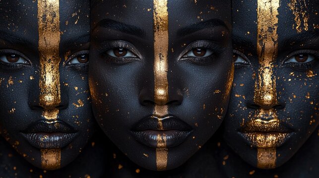 Fototapeta Beauty portrait of young gorgeous women. Golden and silver make up on black background.