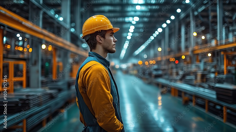 Aufkleber fatigue scene with tired man standing in factory exhausted depressed with long work hours and multip