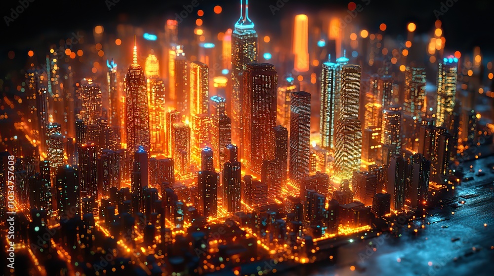 Poster futuristic abstract city model highlighting gis geodat mapping concept with glowing digital grids an