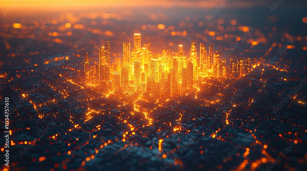 Poster futuristic abstract city model highlighting gis geodat mapping concept with glowing digital grids and urban structures