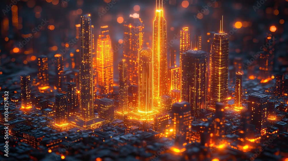 Poster futuristic abstract city model highlighting gis geodat mapping concept with glowing digital grids an