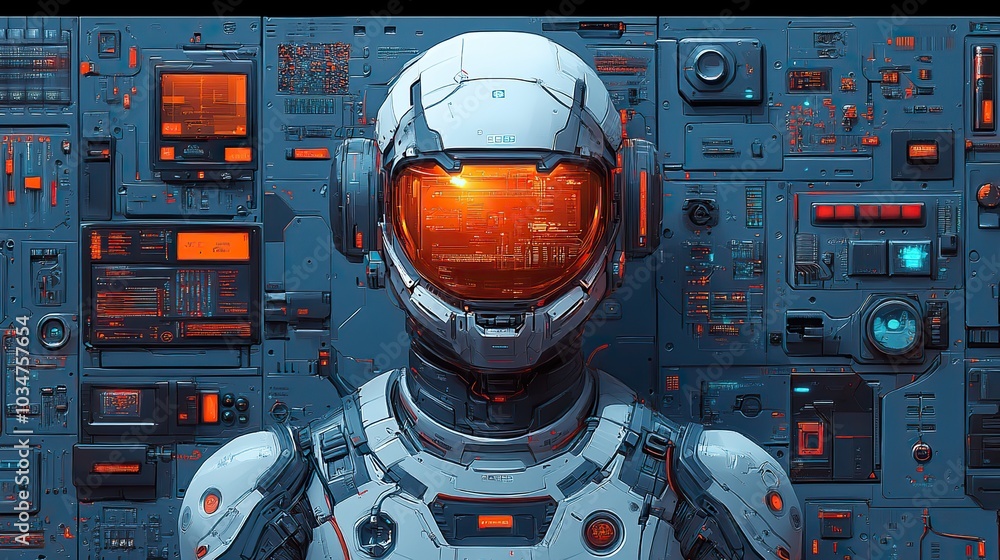 Poster futuristic ai agent concept featuring an illustrated robot surrounded by various tech related items 