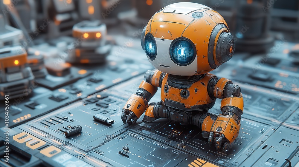 Aufkleber futuristic ai agent concept featuring an illustrated robot surrounded by various tech related items 