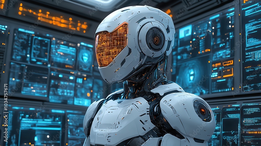 Aufkleber futuristic ai agent concept featuring an illustrated robot surrounded by various tech related items 