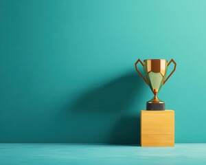 A golden trophy sits atop a wooden base against a vibrant turquoise wall, symbolizing achievement and success.