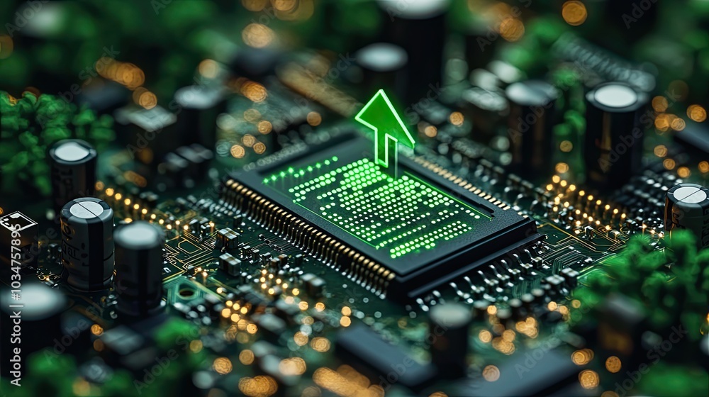 Poster futuristic green arrows emerging from microchip on circuit board symbolizing sustainable technology 