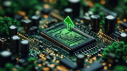 Obraz premium futuristic green arrows emerging from microchip on circuit board symbolizing sustainable technology and eco friendly advancements in electronics.stock image
