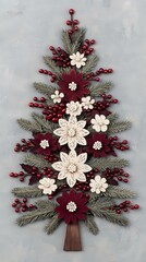 Elegant paper art christmas tree decorated with floral elements and seasonal berries for a festive touch to your holiday decor