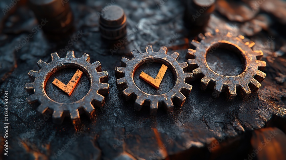 Poster gears and checkmark symbolizing process optimization and quality assurance.image