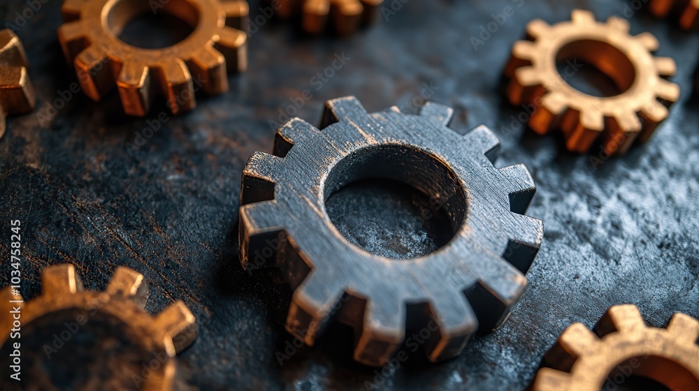 Poster gears and checkmark symbolizing process optimization and quality assurance.stock image