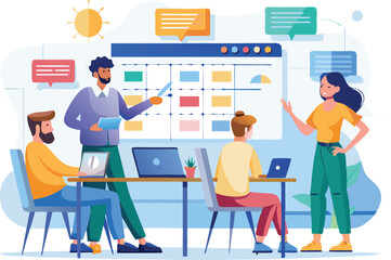 Team Collaboration and Project Management Vector Illustration – Professional Office Design.