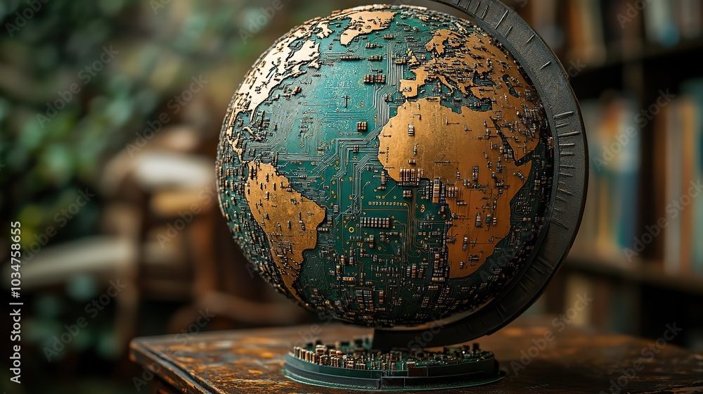 Poster globe crafted from circuit boards and microchips symbolizing the integration of electronics in every
