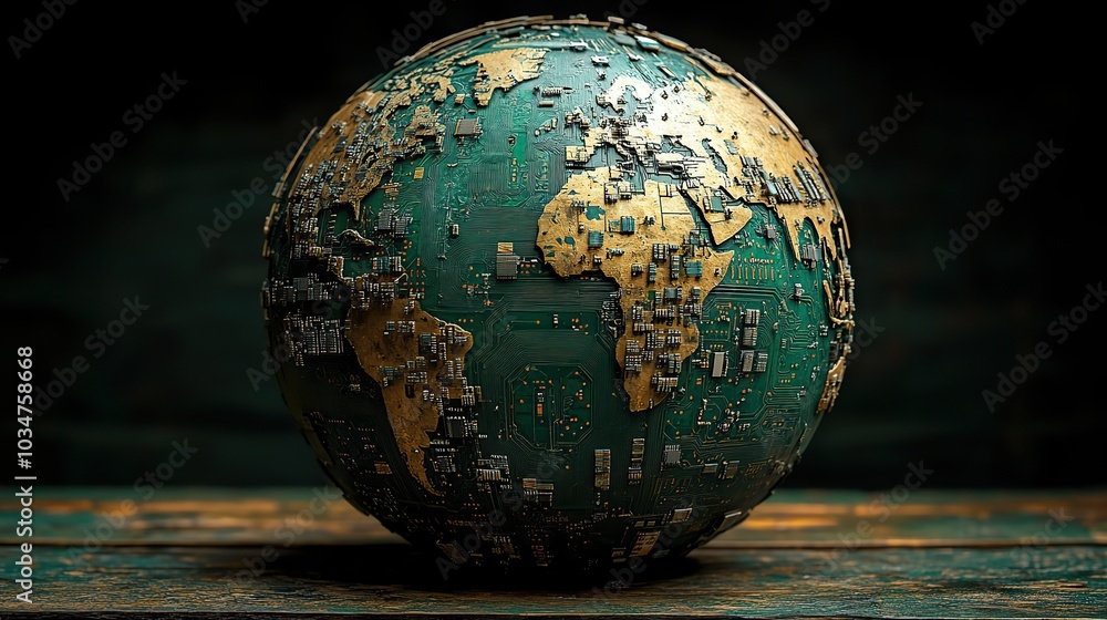 Poster globe crafted from circuit boards and microchips symbolizing the integration of electronics in every