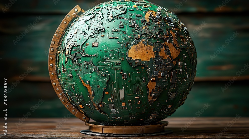 Poster globe crafted from circuit boards and microchips symbolizing the integration of electronics in every