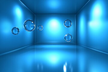 Floating Glass Spheres in a Blue Room: Minimalist 3D Render