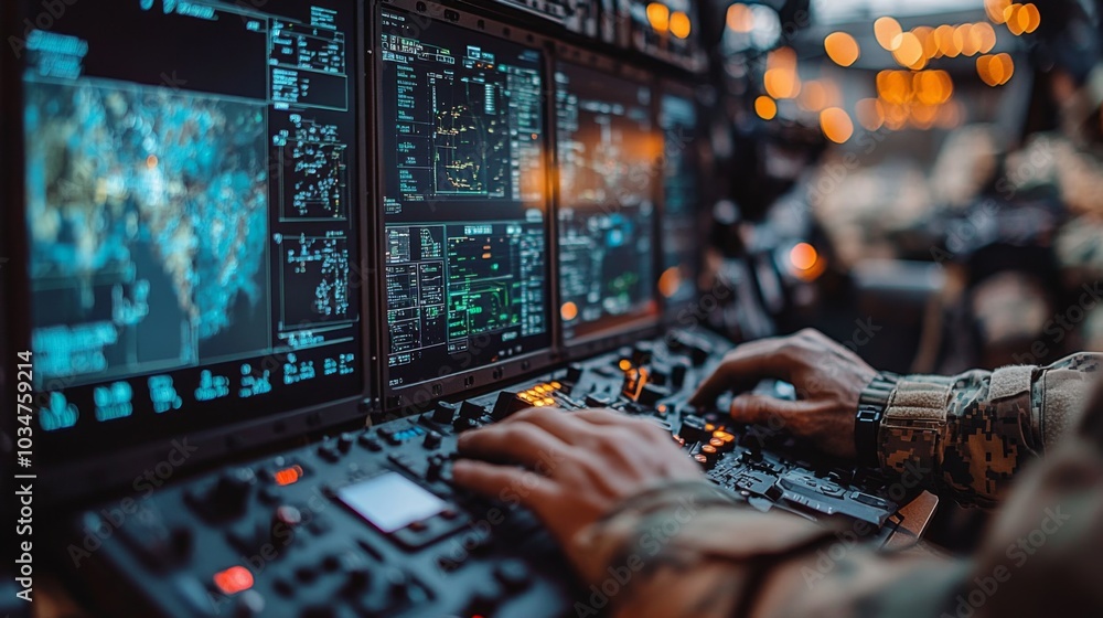 Poster A soldier is focused on operating multiple control panels filled with digital displays and data during a nighttime military operation